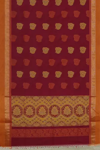 Wine red & burnt saffron kovai coimbatore cotton saree with running blouse