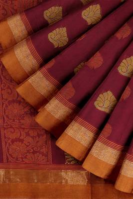 Wine red & burnt saffron kovai coimbatore cotton saree with running blouse 7