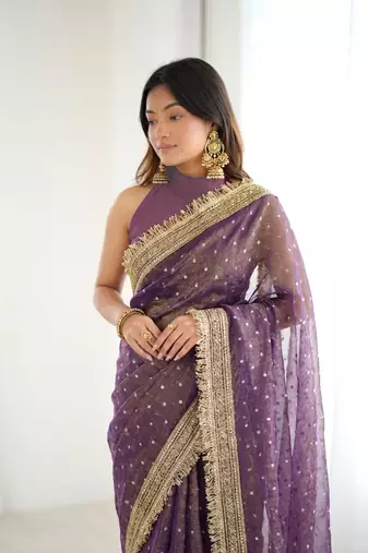 Irresistible lavender fancy lace border soft viscose jacquard butti silk designer traditional saree