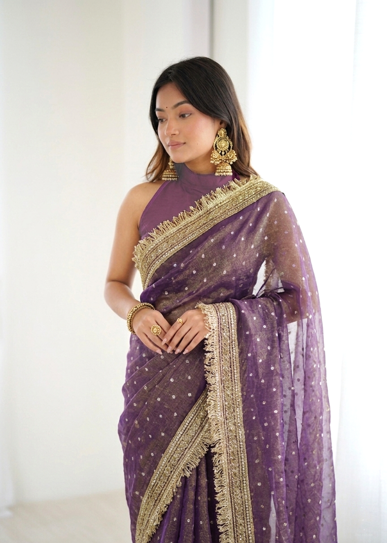 Irresistible lavender fancy lace border soft viscose jacquard butti silk designer traditional saree