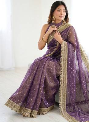 Irresistible lavender fancy lace border soft viscose jacquard butti silk designer traditional saree 3
