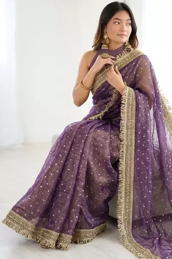 Irresistible lavender fancy lace border soft viscose jacquard butti silk designer traditional saree