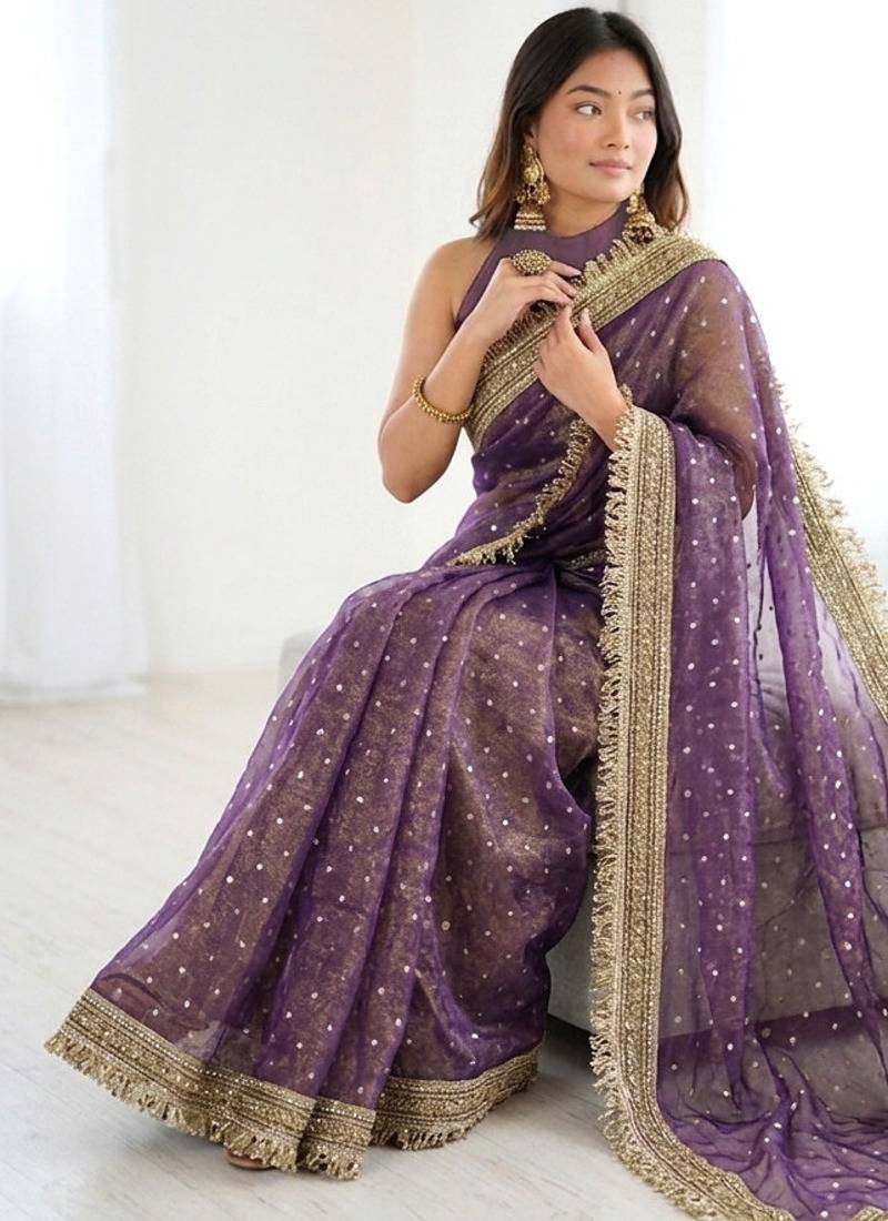 Irresistible lavender fancy lace border soft viscose jacquard butti silk designer traditional saree