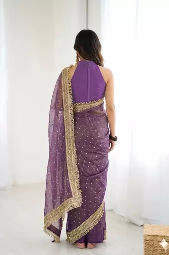 Irresistible lavender fancy lace border soft viscose jacquard butti silk designer traditional saree