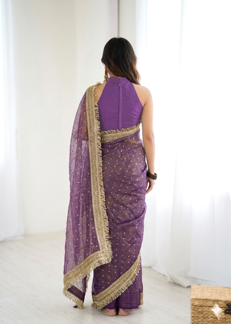 Irresistible lavender fancy lace border soft viscose jacquard butti silk designer traditional saree