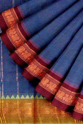 Dark slate blue & dark magenta  chettinad cotton saree with running blouse 7