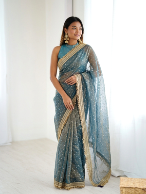 Spellbinding sea-green fancy lace border soft viscose jacquard butti silk ceremonian saree 1