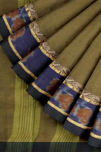 Jarosite olive green & dusty indigo blue chettinad cotton saree with running blouse