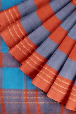 Orange ember & misty slate blue chettinad cotton saree with running blouse 7