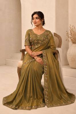 Entrancing green beads sequins and cut-dana embroidered fendy satin festival saree 2