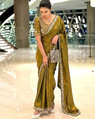 Entrancing green beads sequins and cut-dana embroidered fendy satin festival saree 3