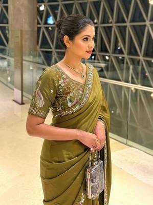 Entrancing green beads sequins and cut-dana embroidered fendy satin festival saree 4