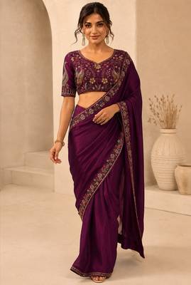 Enthralling purple beads sequins and cut-dana embroidered fendy satin designer bollywood saree 1