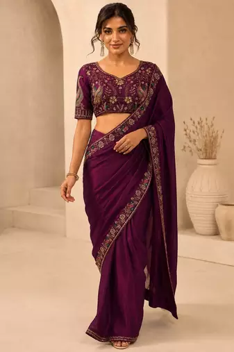 Enthralling purple beads sequins and cut-dana embroidered fendy satin designer bollywood saree