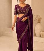Enthralling purple beads sequins and cut-dana embroidered fendy satin designer bollywood saree