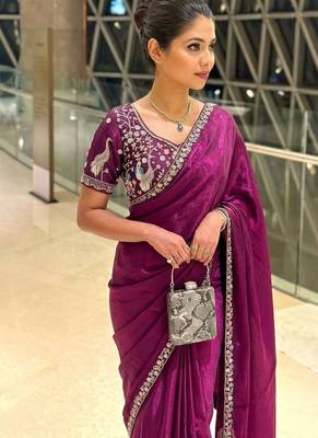Enthralling purple beads sequins and cut-dana embroidered fendy satin designer bollywood saree 2
