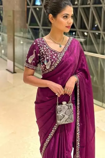 Enthralling purple beads sequins and cut-dana embroidered fendy satin designer bollywood saree