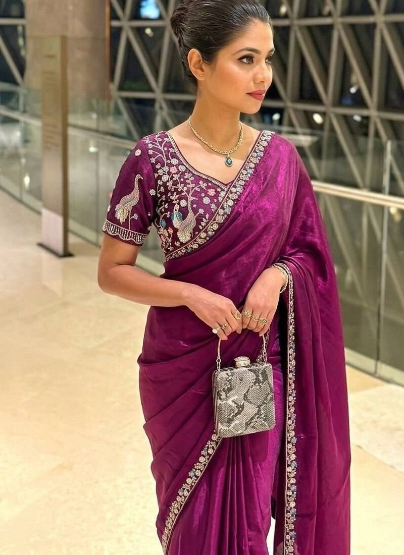 Enthralling purple beads sequins and cut-dana embroidered fendy satin designer bollywood saree