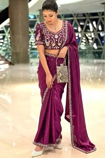 Enthralling purple beads sequins and cut-dana embroidered fendy satin designer bollywood saree