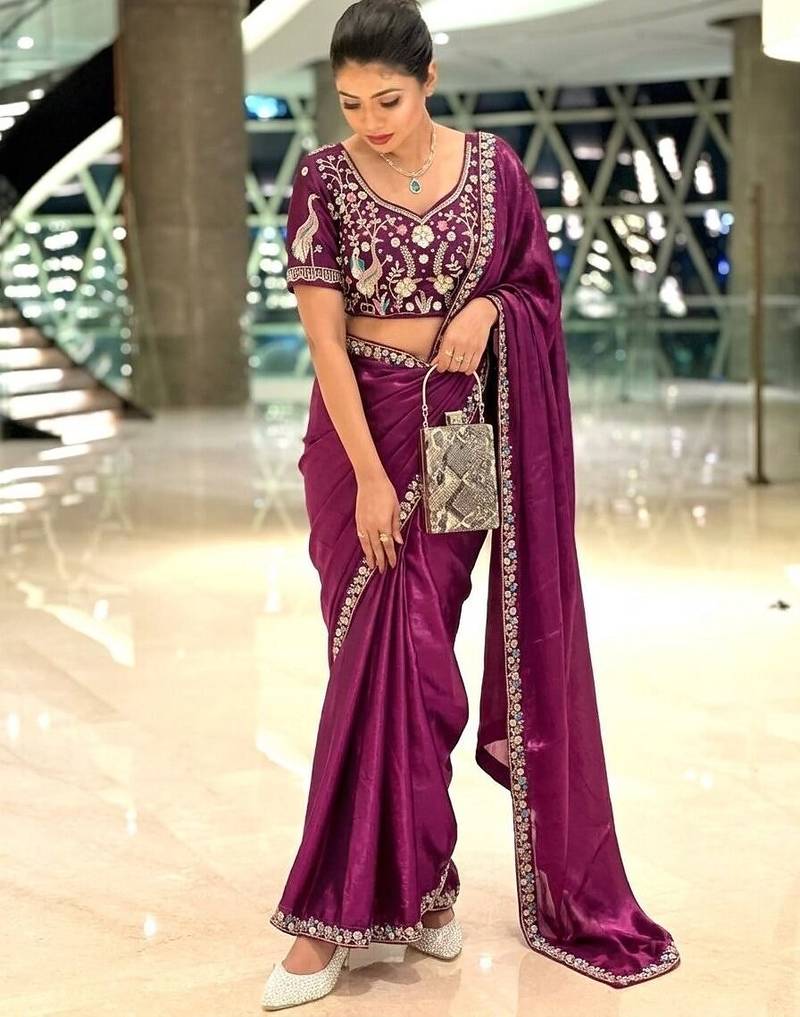 Enthralling purple beads sequins and cut-dana embroidered fendy satin designer bollywood saree