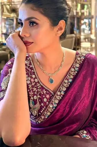 Enthralling purple beads sequins and cut-dana embroidered fendy satin designer bollywood saree