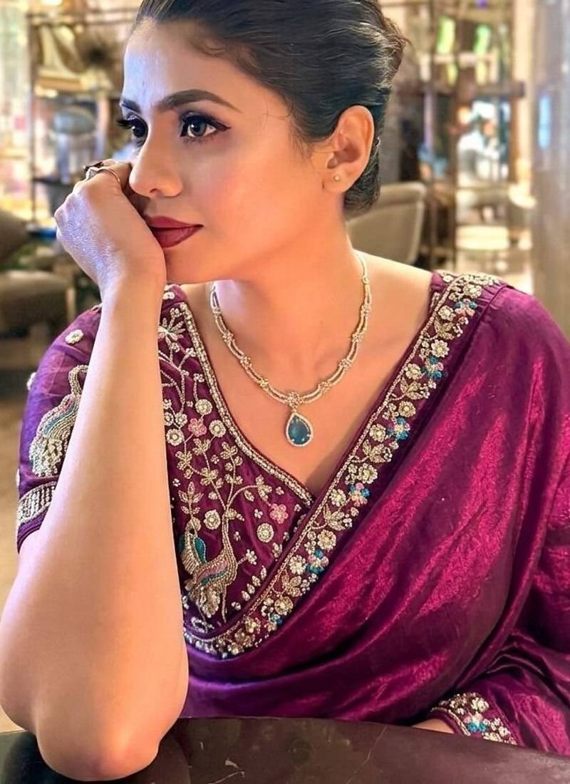 Enthralling purple beads sequins and cut-dana embroidered fendy satin designer bollywood saree