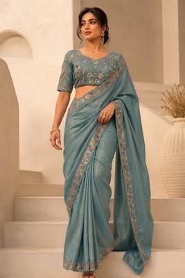 Dreamy blue beads sequins and cut-dana embroidered fendy satin wedding and party wear saree 1