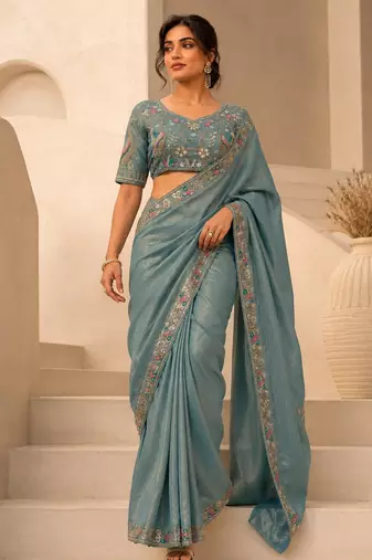 Dreamy blue beads sequins and cut-dana embroidered fendy satin wedding and party wear saree