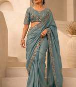 Dreamy blue beads sequins and cut-dana embroidered fendy satin wedding and party wear saree