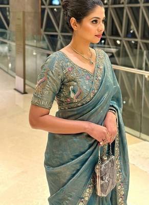 Dreamy blue beads sequins and cut-dana embroidered fendy satin wedding and party wear saree 2