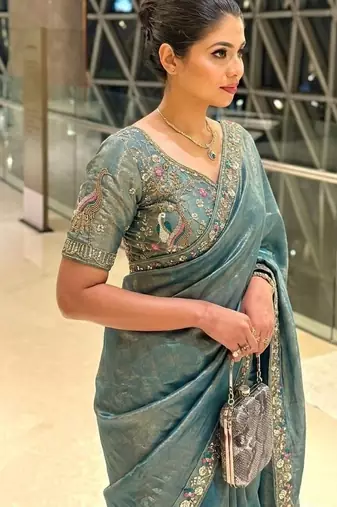 Dreamy blue beads sequins and cut-dana embroidered fendy satin wedding and party wear saree
