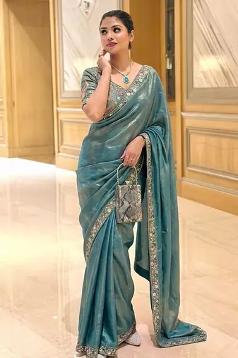 Dreamy blue beads sequins and cut-dana embroidered fendy satin wedding and party wear saree
