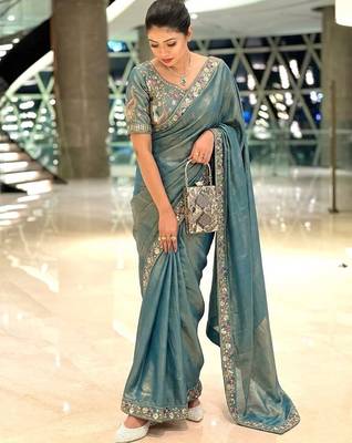 Dreamy blue beads sequins and cut-dana embroidered fendy satin wedding and party wear saree 4