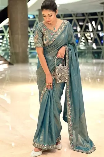 Dreamy blue beads sequins and cut-dana embroidered fendy satin wedding and party wear saree