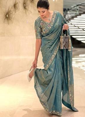 Dreamy blue beads sequins and cut-dana embroidered fendy satin wedding and party wear saree 5