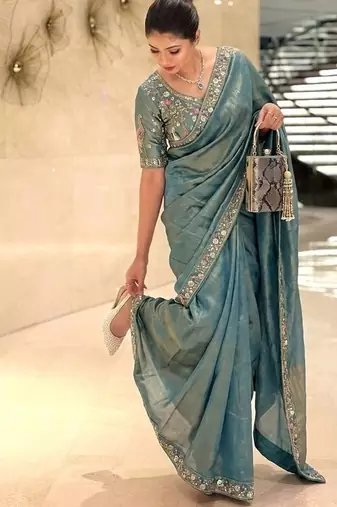 Dreamy blue beads sequins and cut-dana embroidered fendy satin wedding and party wear saree