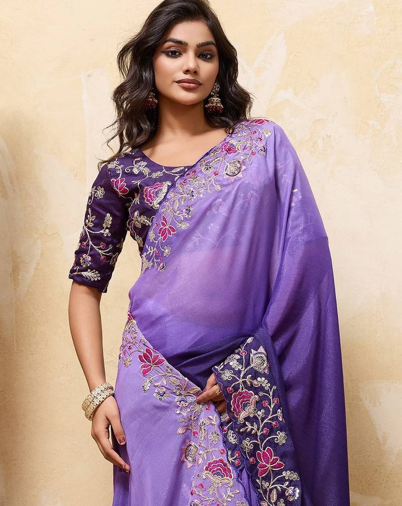 Enticing purple embroidery cutwork work aarco border star georgette traditional wedding saree