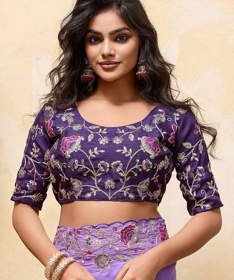 Enticing purple embroidery cutwork work aarco border star georgette traditional wedding saree