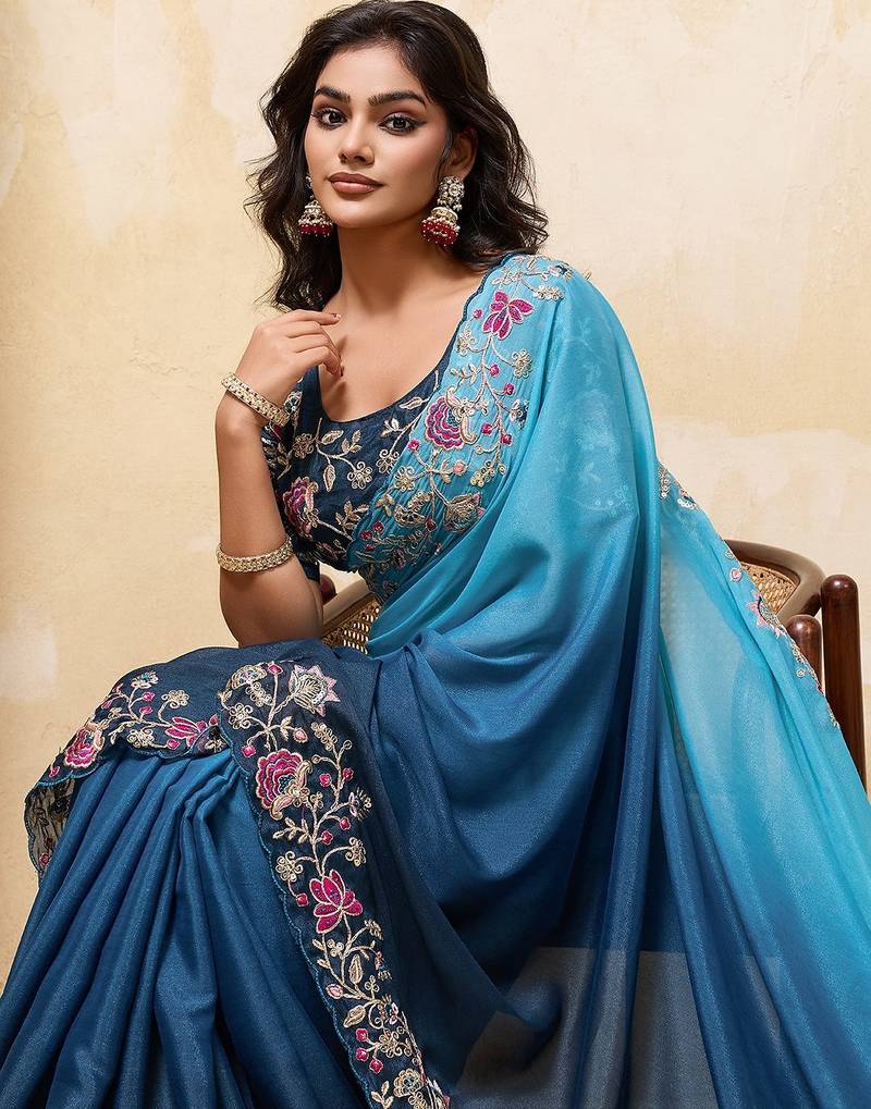 Inviting blue embroidery cutwork work aarco border star georgette latest designer ceremonial saree