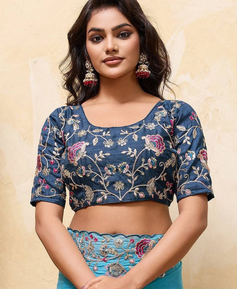 Inviting blue embroidery cutwork work aarco border star georgette latest designer ceremonial saree