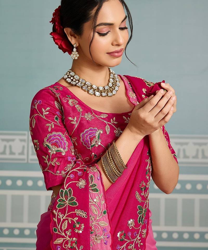 Fascinating pink embroidery cutwork work aarco border star georgette saree with blouse