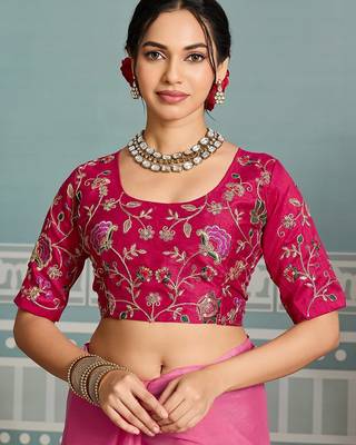Fascinating pink embroidery cutwork work aarco border star georgette saree with blouse 3