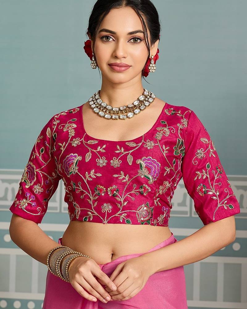 Fascinating pink embroidery cutwork work aarco border star georgette saree with blouse
