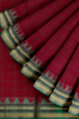 Rich dark red & jade green chettinad cotton saree with running blouse 3