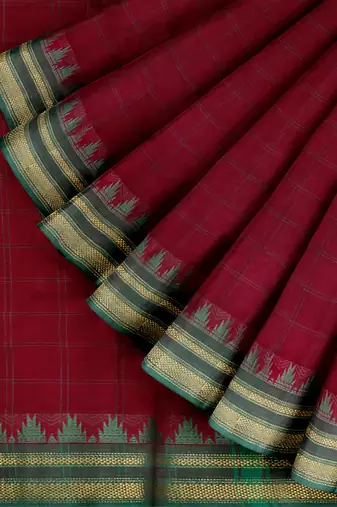 Rich dark red & jade green chettinad cotton saree with running blouse