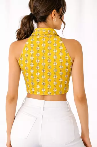 Yellow cotton sanganeri printed non padded blouse