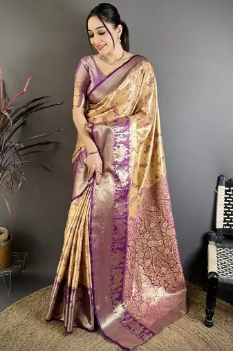Beige kanjeevaram silk blend woven design saree with unstitched blouse piece