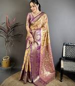 Beige kanjeevaram silk woven design saree with unstitched blouse piece
