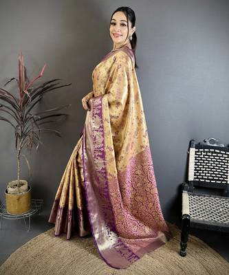 Beige kanjeevaram silk blend woven design saree with unstitched blouse piece 2