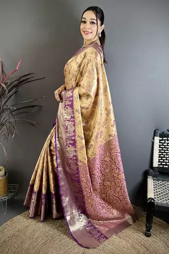 Beige kanjeevaram silk blend woven design saree with unstitched blouse piece